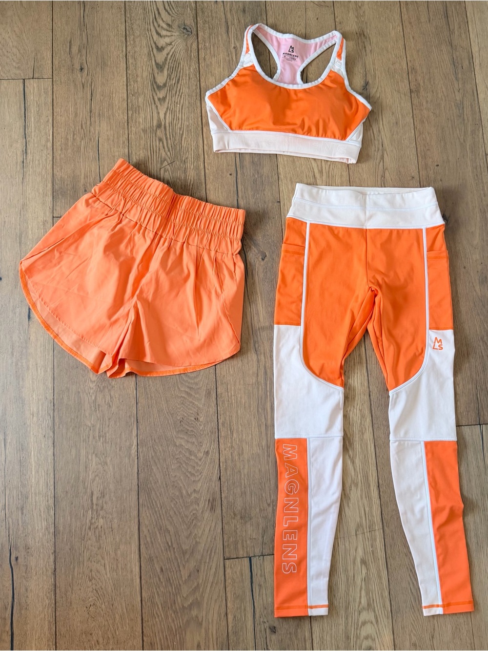 Magnlens 3-Piece Orange & White Activewear Set – Sports Bra, Leggings & Shorts S
